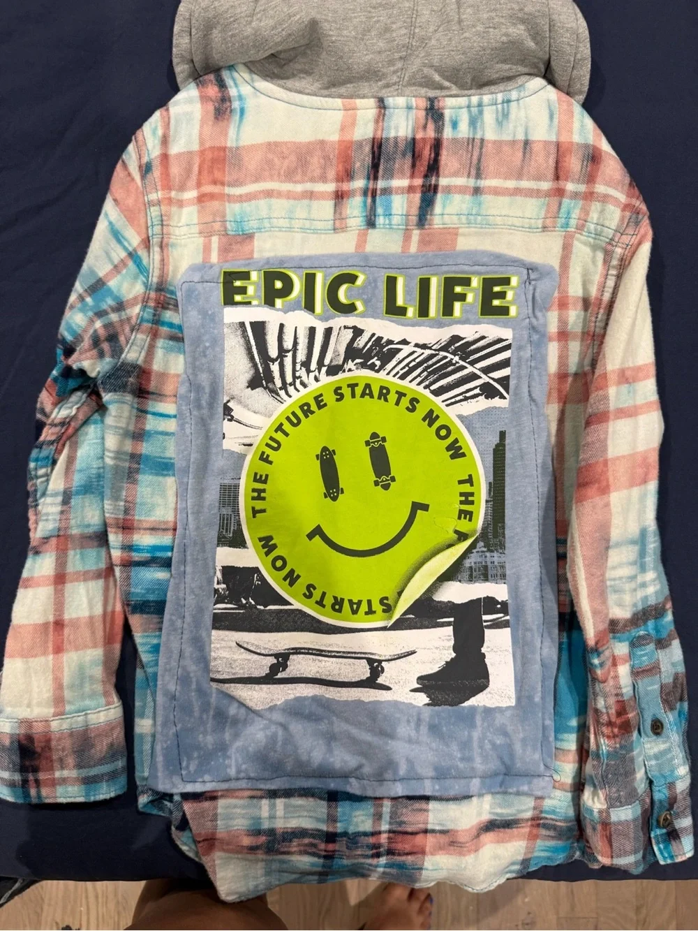 Graphic Plaid Hooded Shirt Jacket - Neon Green Smiley Patch